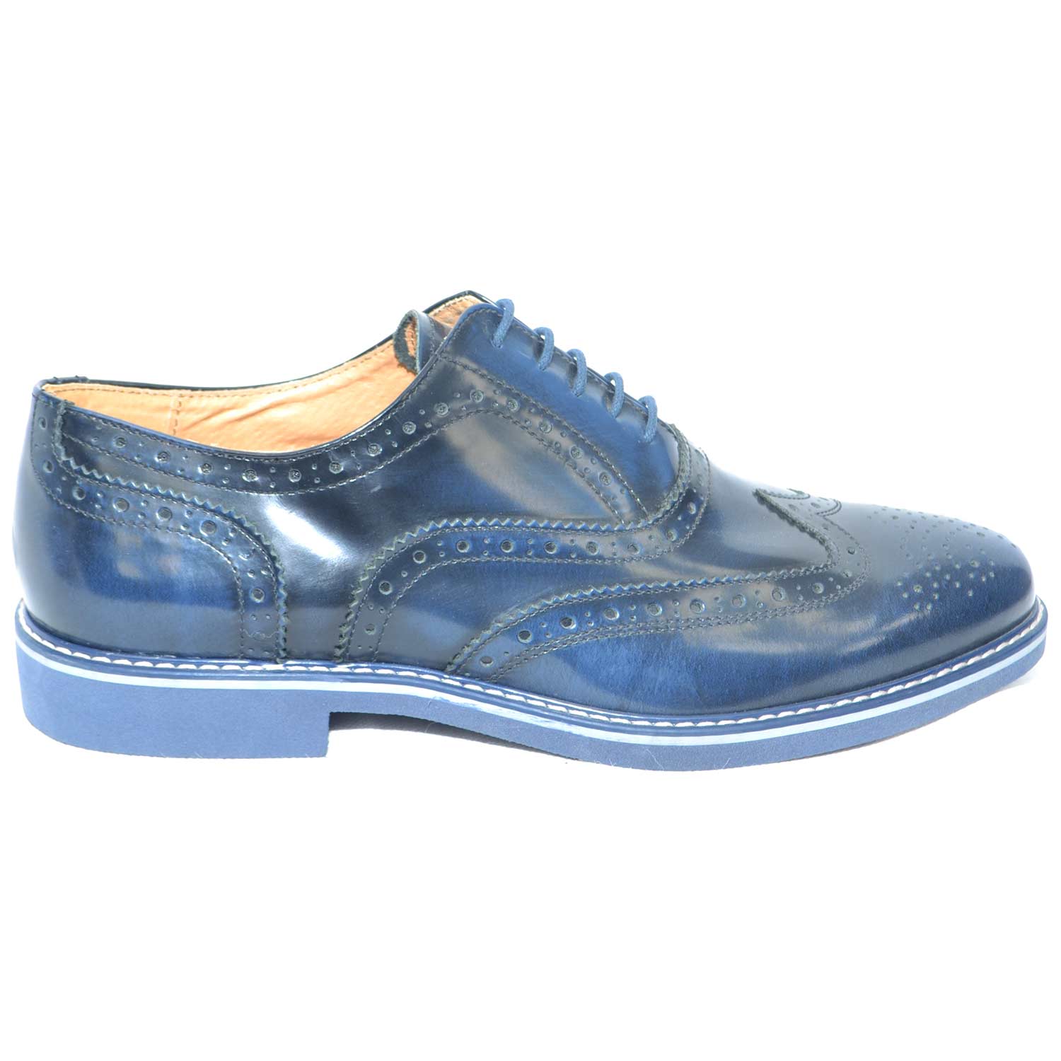 scarpe uomo stringata inglese blu abrasivato lavorato vera pelle made in italy fondo gomma light con righino moda