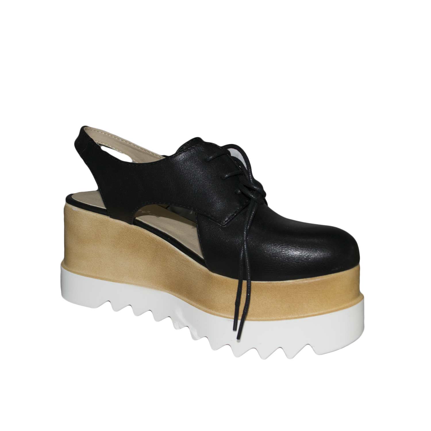 Scarpe donna alte zeppa pelle nera lacci