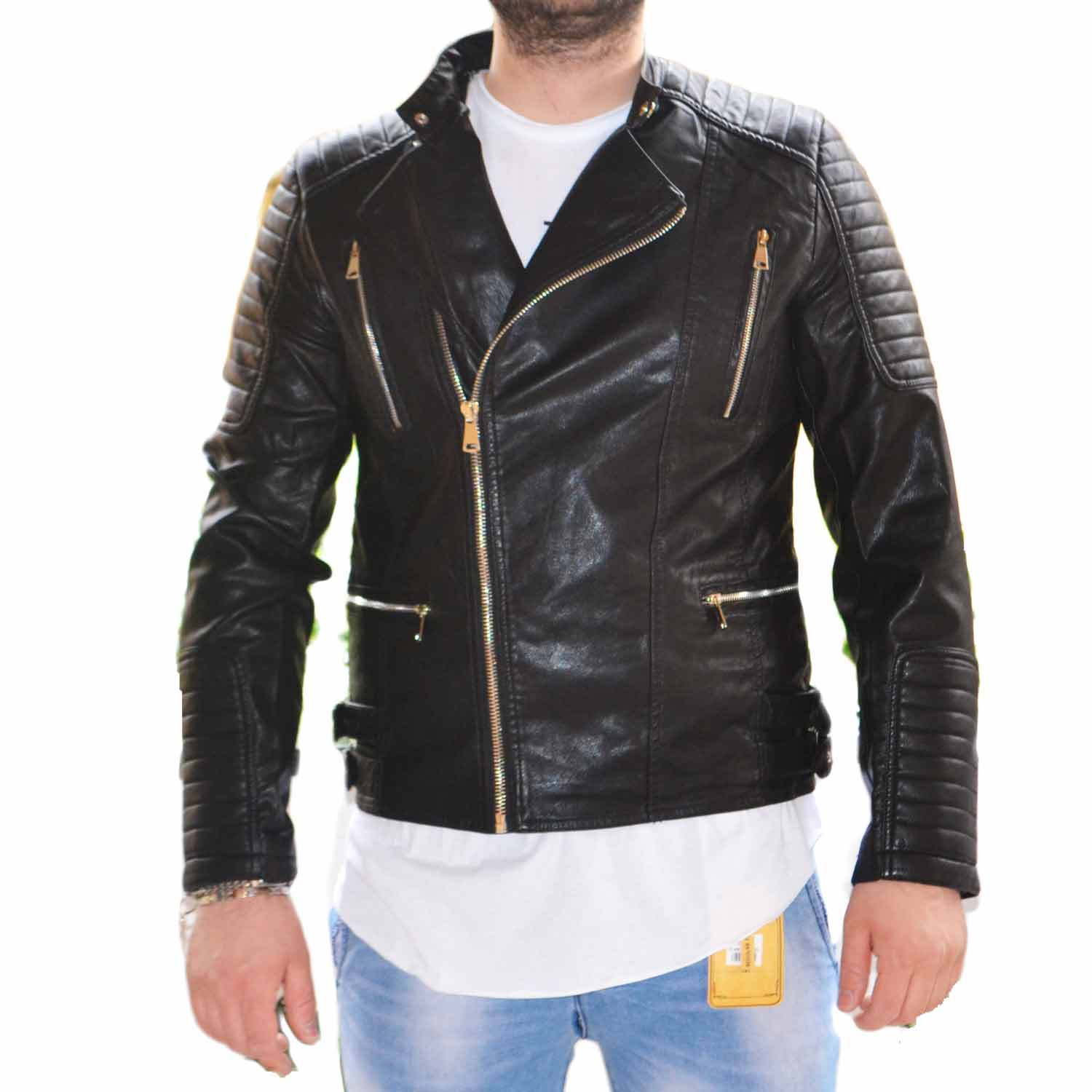 Giubbotto giubbino chiodo uomo nero made in italy zip trapunta 