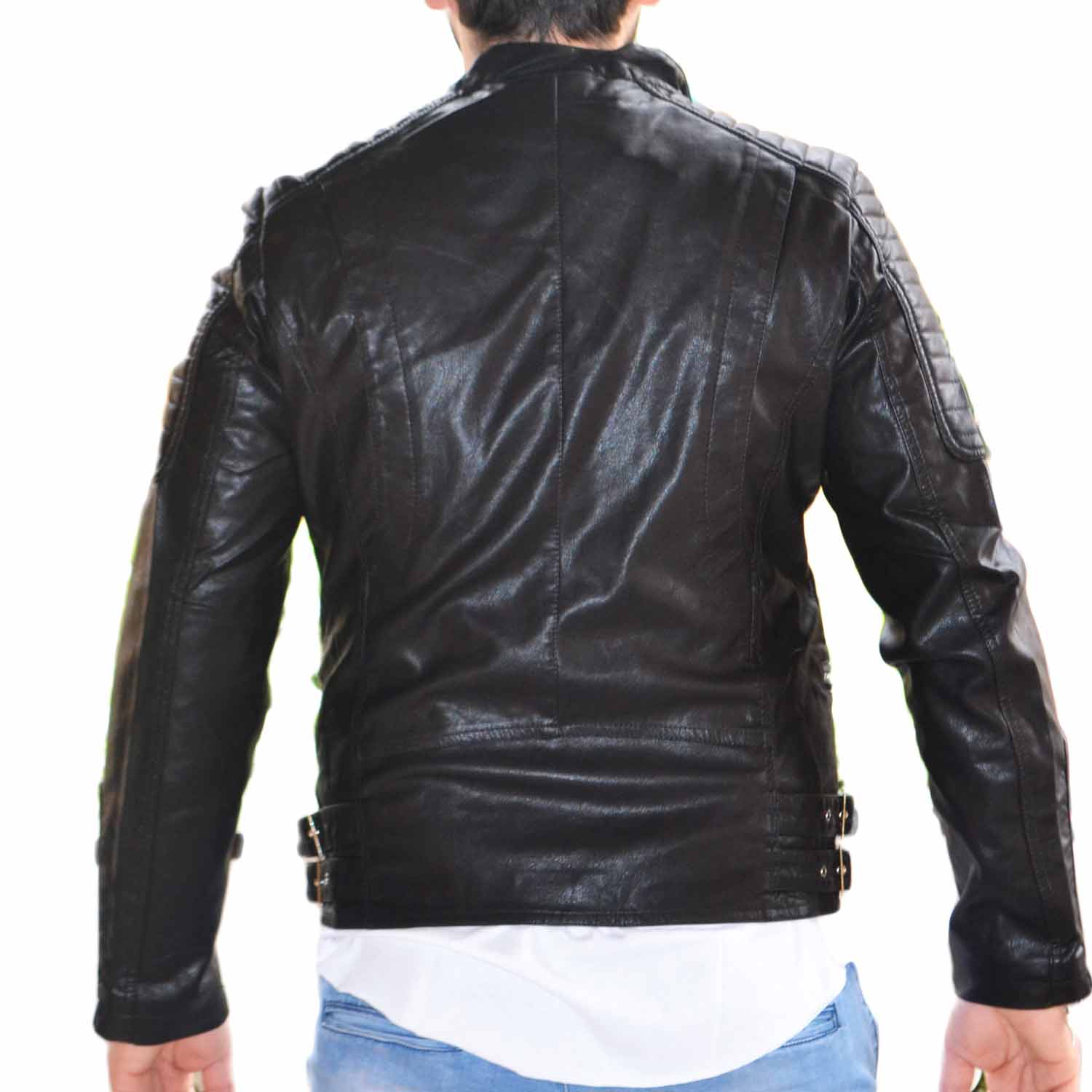 Chiodo giacca uomo di pelle ecologica nero con ganci argento vestibilita'  slim moda basic trend uomo giubbini in pelle Malu Shoes