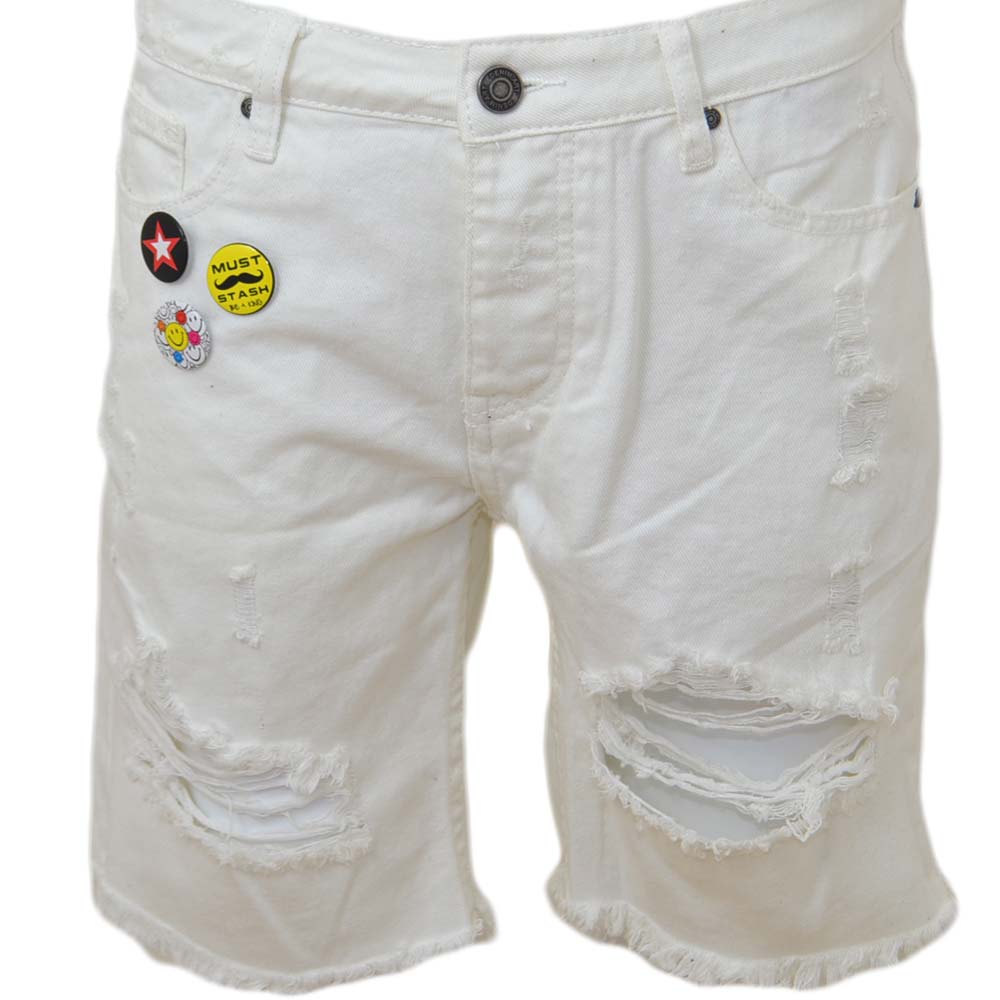 Pantoloni corti short uomo bermuda in denim jeans bianco con strappi e stemmi frontali moda giovane