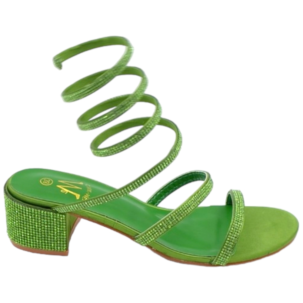 Sandali donna verdi con strass tacco largo basso 4 cm serpente rigido che si attorciglia alla gamba regolabile open toe.