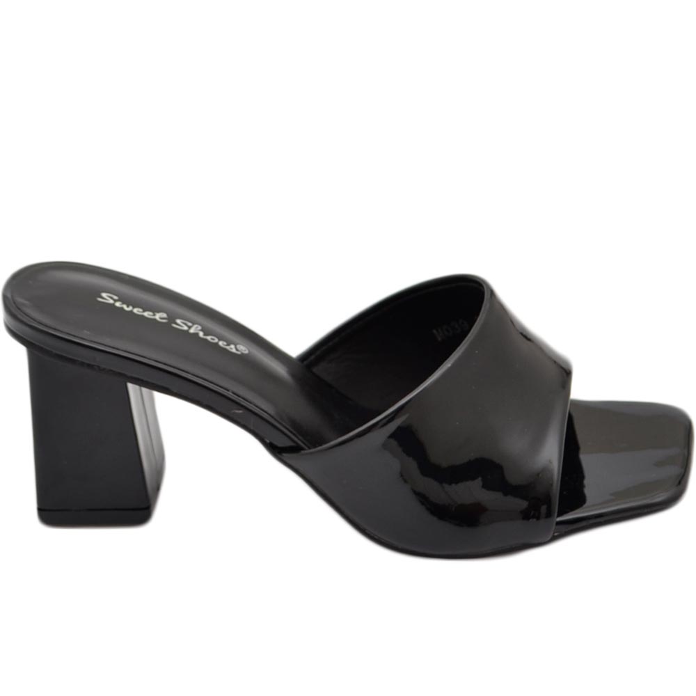 Sandali donna mules sabot con tacco grosso 7 cm fascetta larga lucidi nero comodo ciabi moda tendenza.