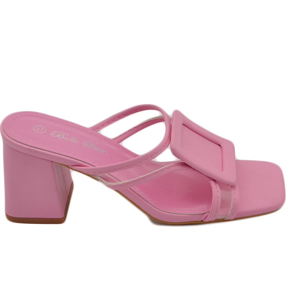 Sandali donna rosa acceso mules sabot pantofola lasci trasparenti accessorio con tacco grosso 7 cm comodo moda tendenza.