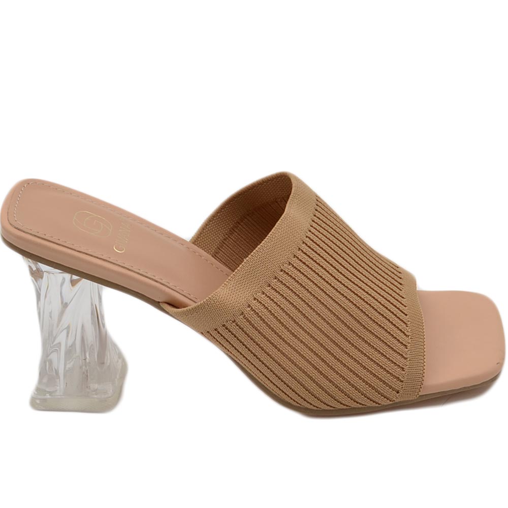Sandali donna mules pantofole in tessuto elastico nude e tacco trasparente martini 7 moda tendenza.