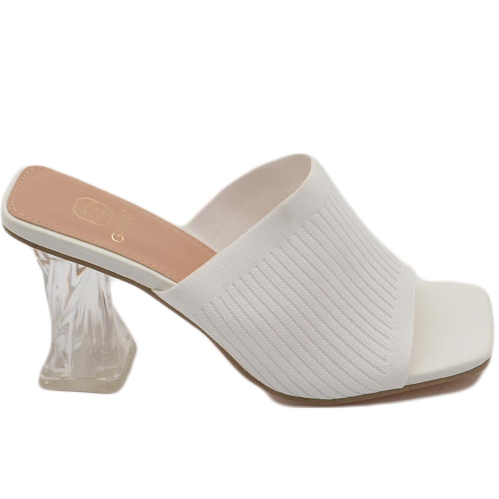 Sandali donna mules pantofole in tessuto elastico bianco e tacco trasparente martini 7 moda tendenza.