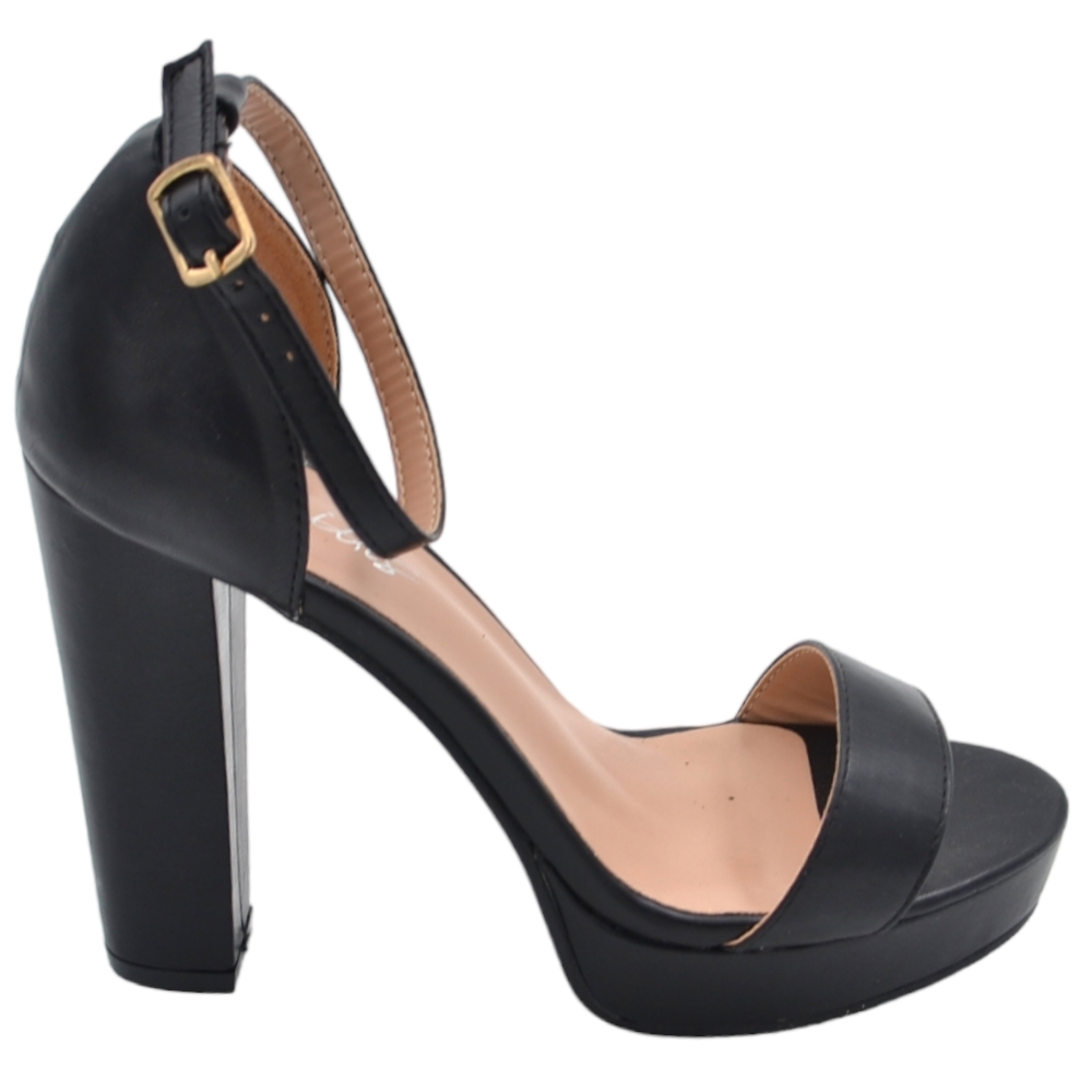 Sandali donna in pelle nero con tacco alto doppio 12 cm e plateau 3 cm cinturino alla caviglia regolabile	.