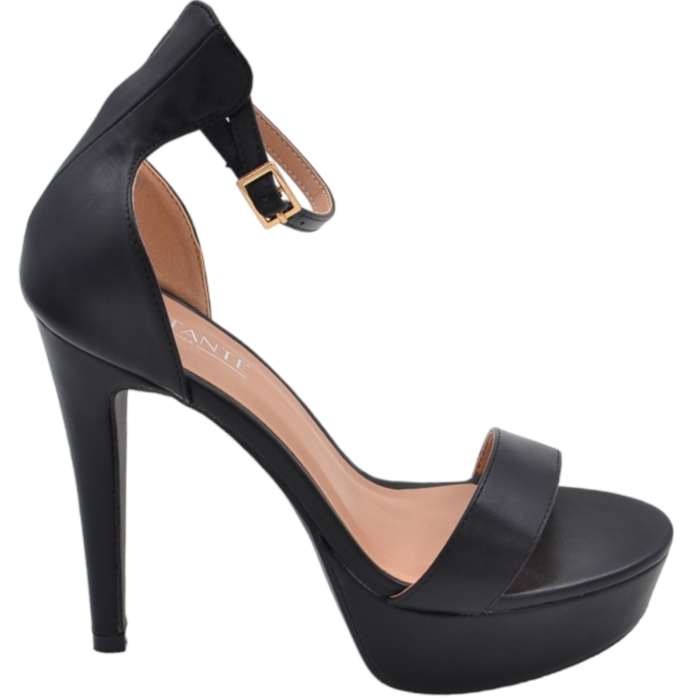 Sandali donna in pelle nero con tacco alto sottile 12 cm e plateau 3 cm cinturino alla caviglia regolabile.