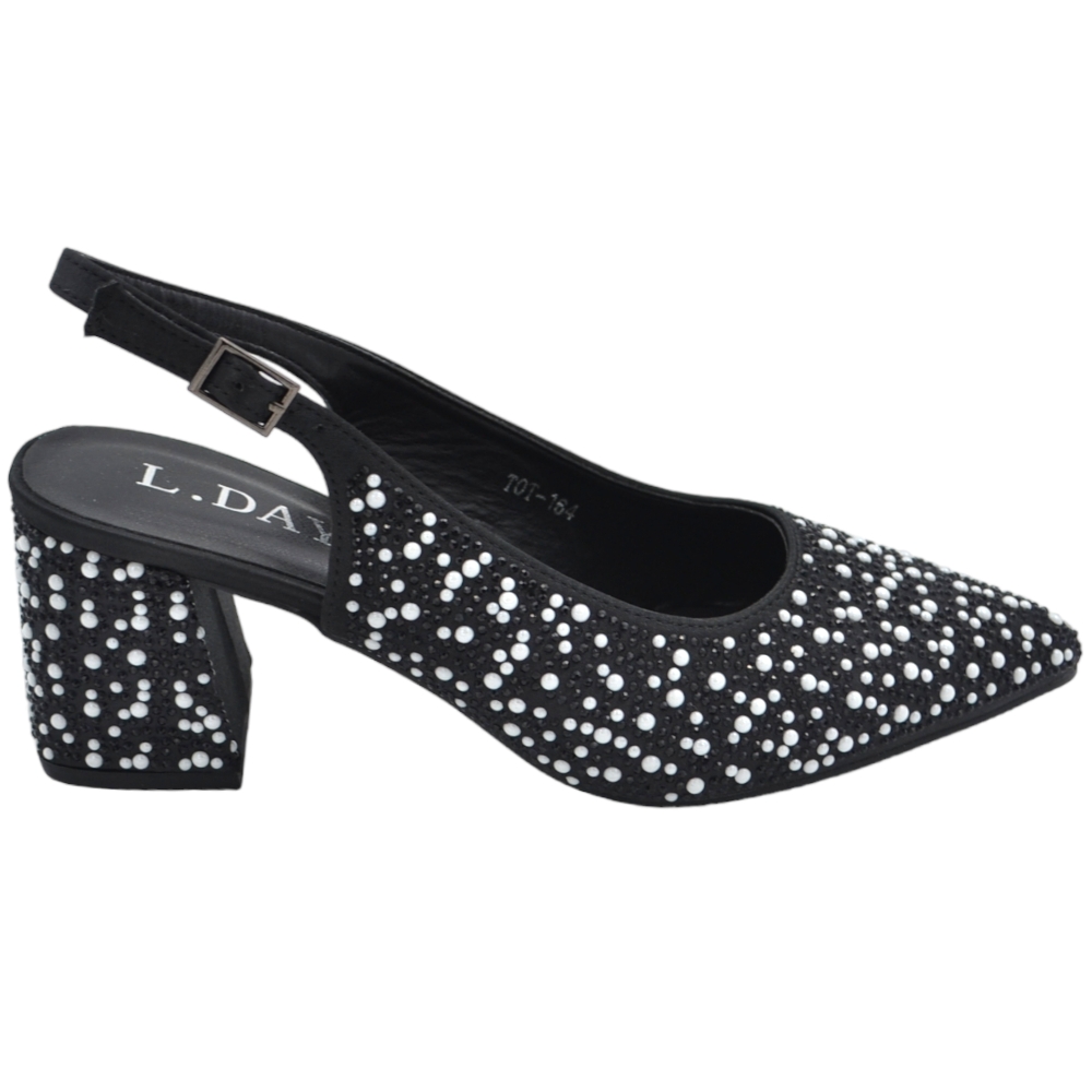 Scarpe donna decollete slingback nero con microperle e brillantini cinturino regolabile alla caviglia tacco doppio 6cm .