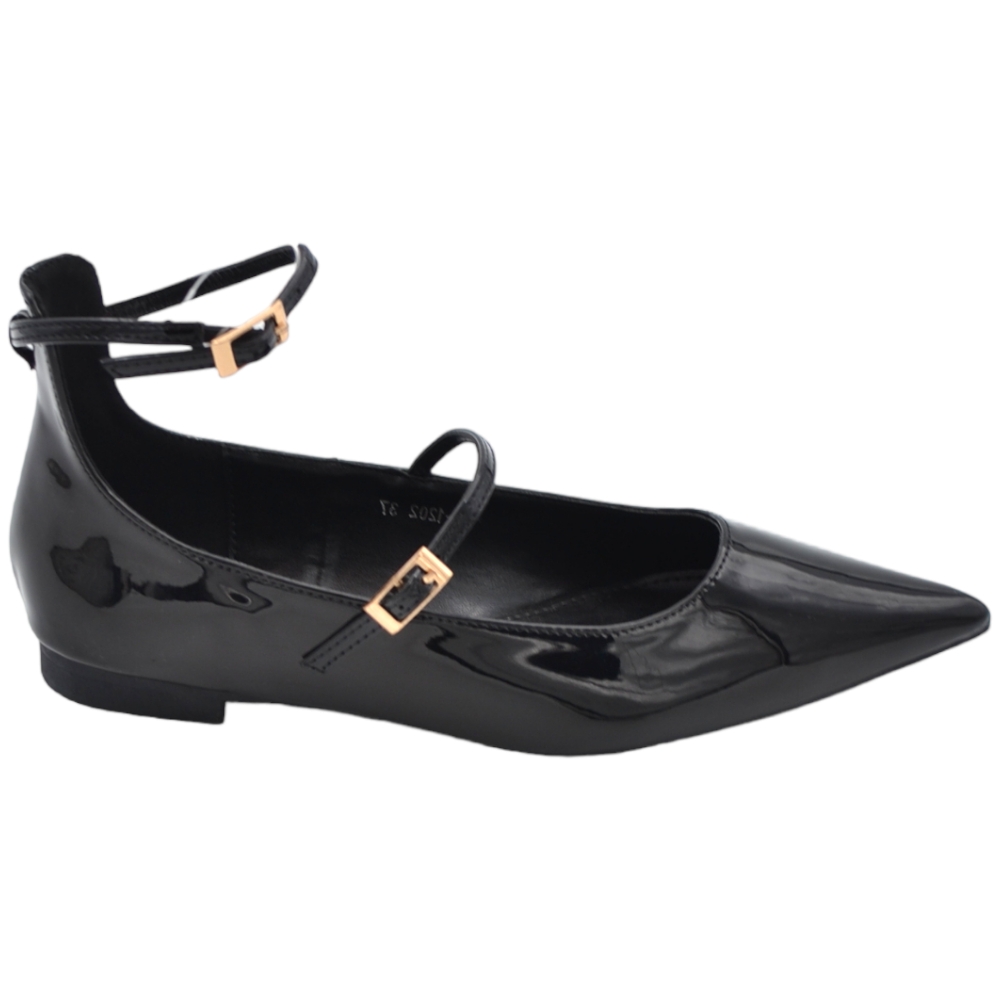 Scarpe ballerine donna nero a punta lucida con cinturini raso terra moda comfort fondo antiscivolo.