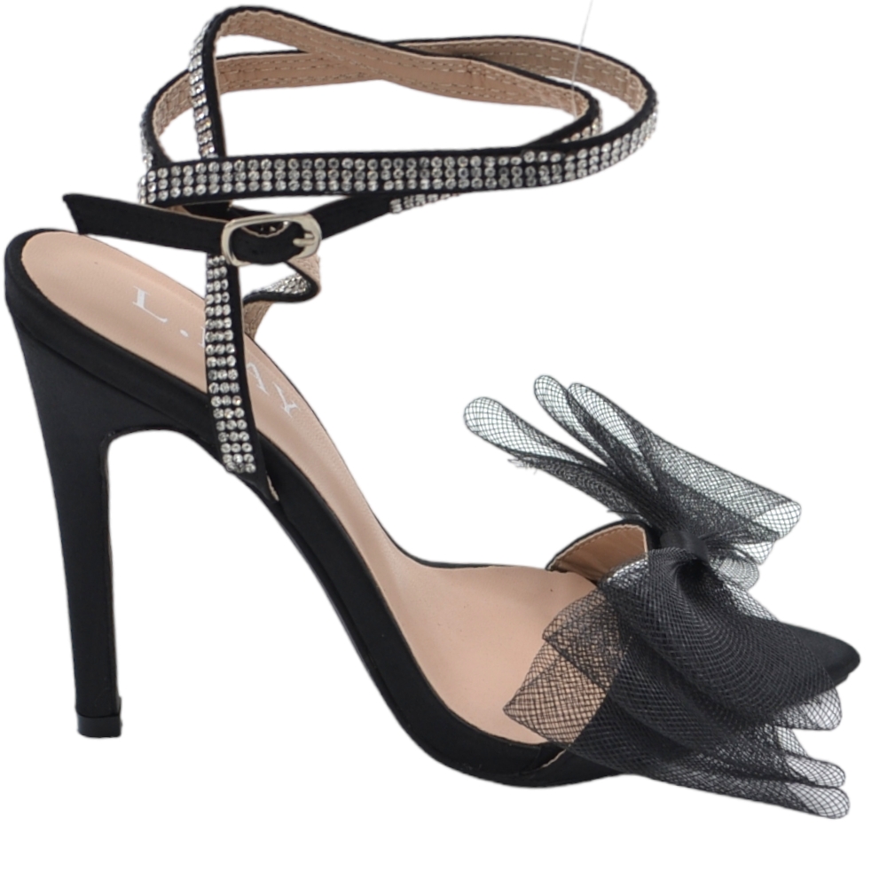 SANDALO TACCO NERO A PUNTA CON FIOCCO IN TULLE TACCO SOTTILE 12 CM CHIUSURA ALLA CAVIGLIA CON BRILLANTINI MODA CERIMONIA.