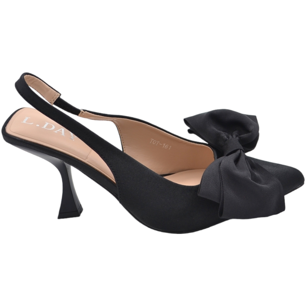 Scarpe decollete' donna slingback nero a punta con fiocco in punta moda tacco a spillo 8cm cinturino tallone regolabile.