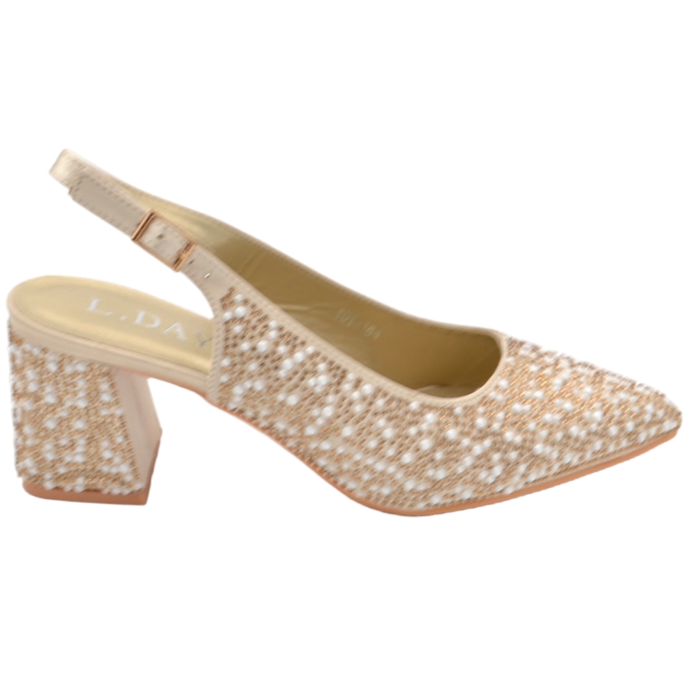 Scarpe donna decollete slingback oro con microperle e brillantini cinturino regolabile alla caviglia tacco doppio 6cm 