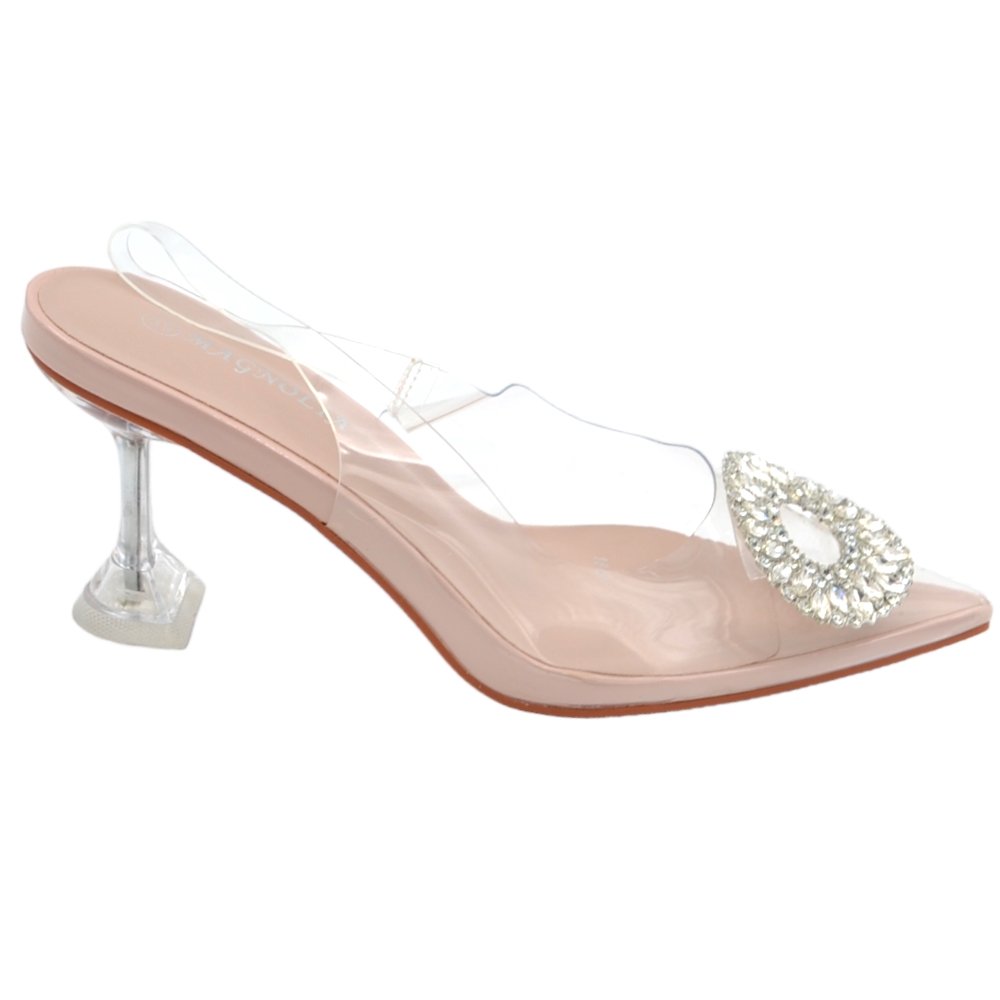 Decollete scarpa donna a punta trasparente con spilla gioiello circolare brillantini argento tacco clessidra beige 7 cm .