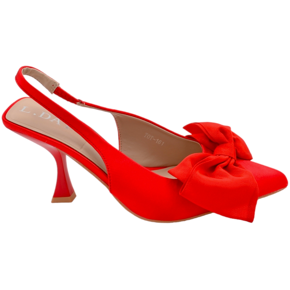 Scarpe decollete' donna slingback rosso a punta con fiocco in punta moda tacco a spillo 8cm cinturino tallone regolabile.