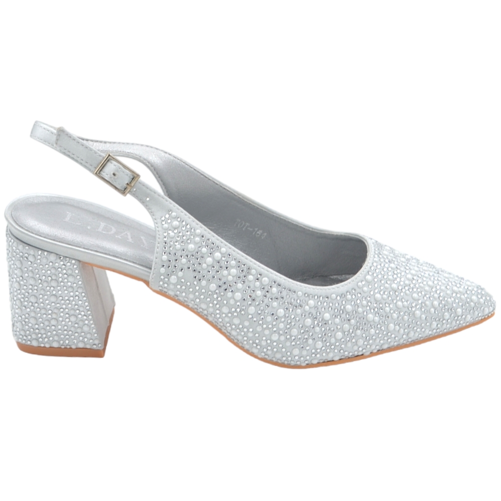 Scarpe donna decollete slingback argento con microperle e brillantini cinturino regolabile alla caviglia tacco 6cm .