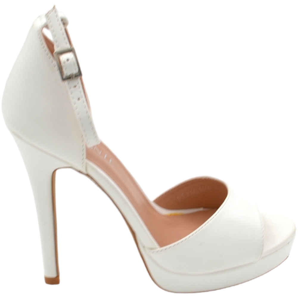 Sandali donna in pelle bianco con tacco alto sottile 12 cm e plateau 3 cm cinturino alla caviglia e fascia larga .