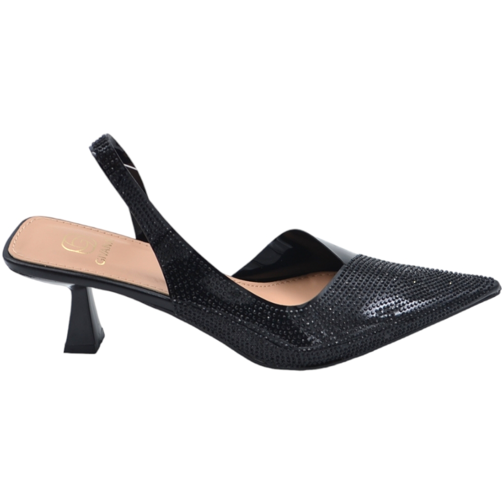 Scarpa decollete' donna a punta slingback con trasparenza nera e brillantini con tacco mini 3 cm e cinturino tallone.