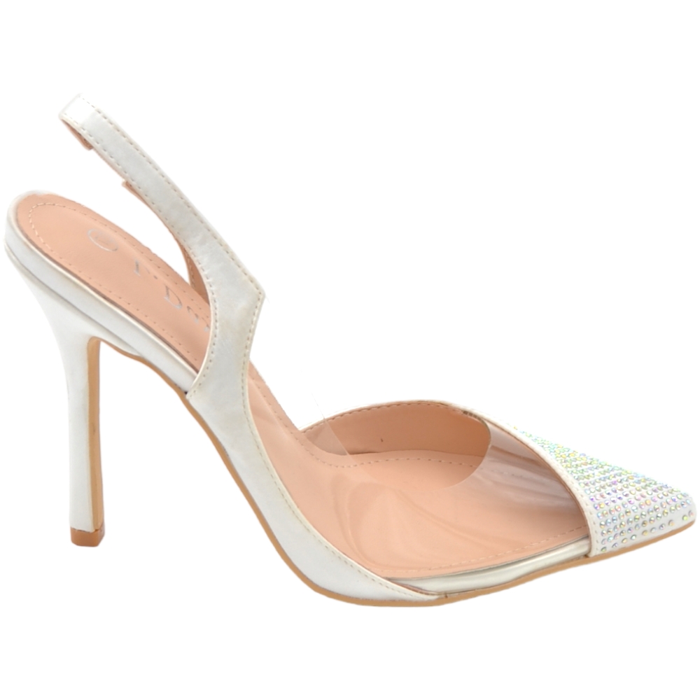 Scarpe decollete' donna a punta slingback in raso bianco brillantini e trasparenza tacco sottile 12cm cinturino tallone .