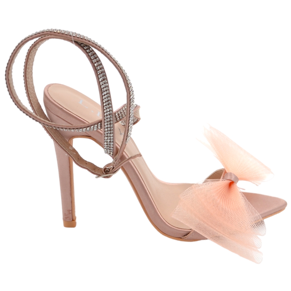 SANDALO TACCO ROSA A PUNTA CON FIOCCO IN TULLE TACCO SOTTILE 12 CM CHIUSURA ALLA CAVIGLIA CON BRILLANTINI MODA CERIMONIA