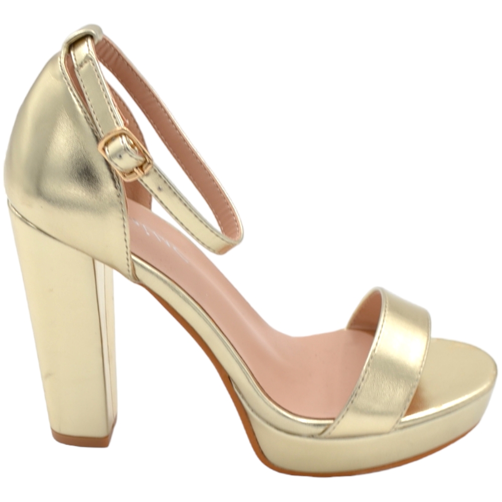 Sandali donna in pelle oro con tacco alto doppio 12 cm e plateau 3 cm cinturino alla caviglia regolabile