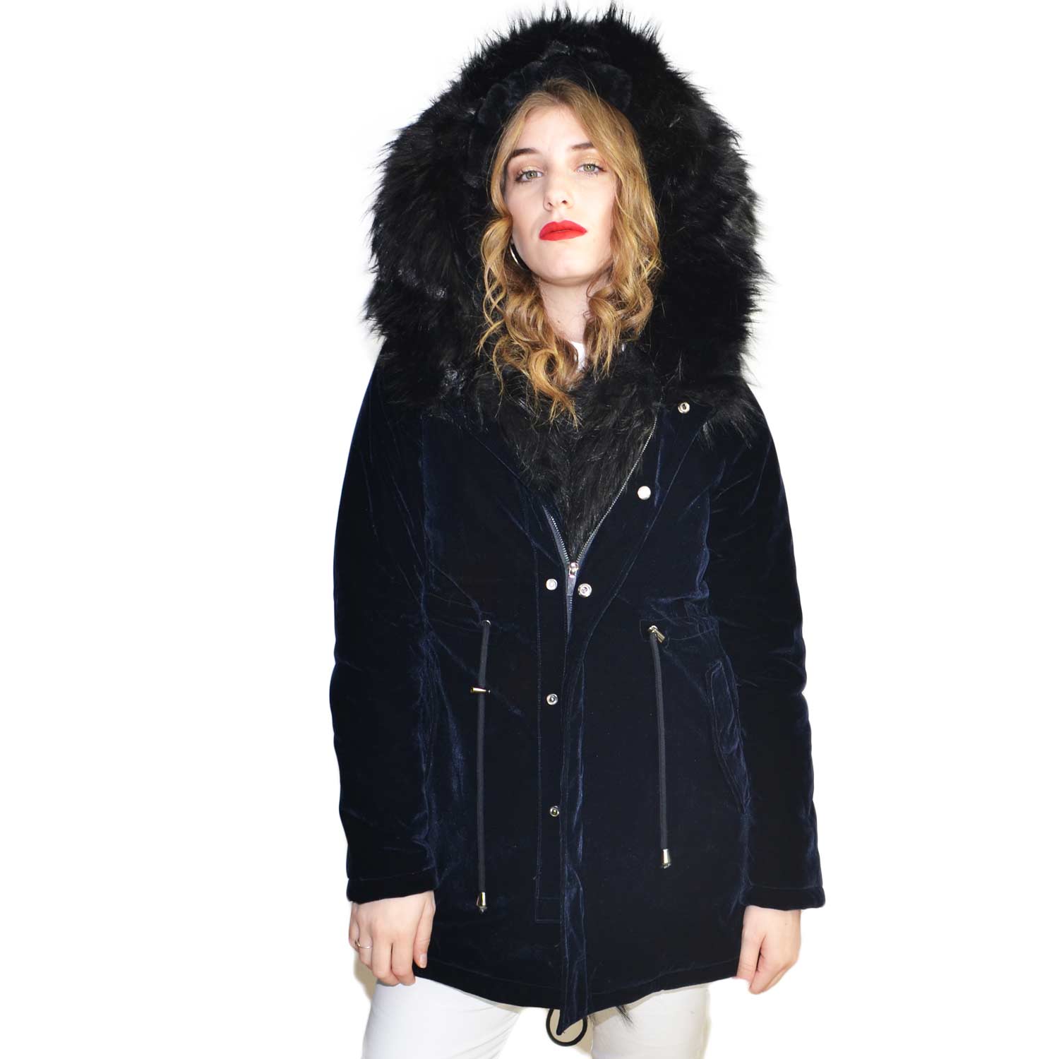 Parka giacca donna invernale in velluto extra blu pelo extra volume nero ecologico zip e bottoni regolatori