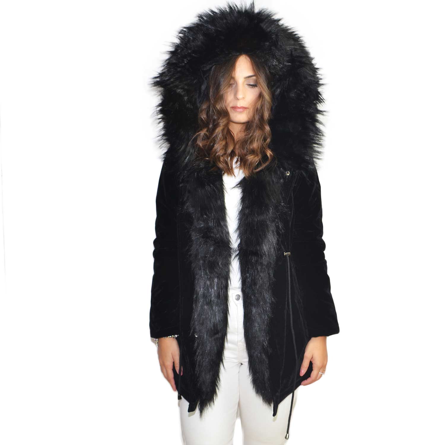 Parka donna invernale con pelliccia ecologica giacca giubbotto piumino lungo velluto nero extra volume imbottito caldo