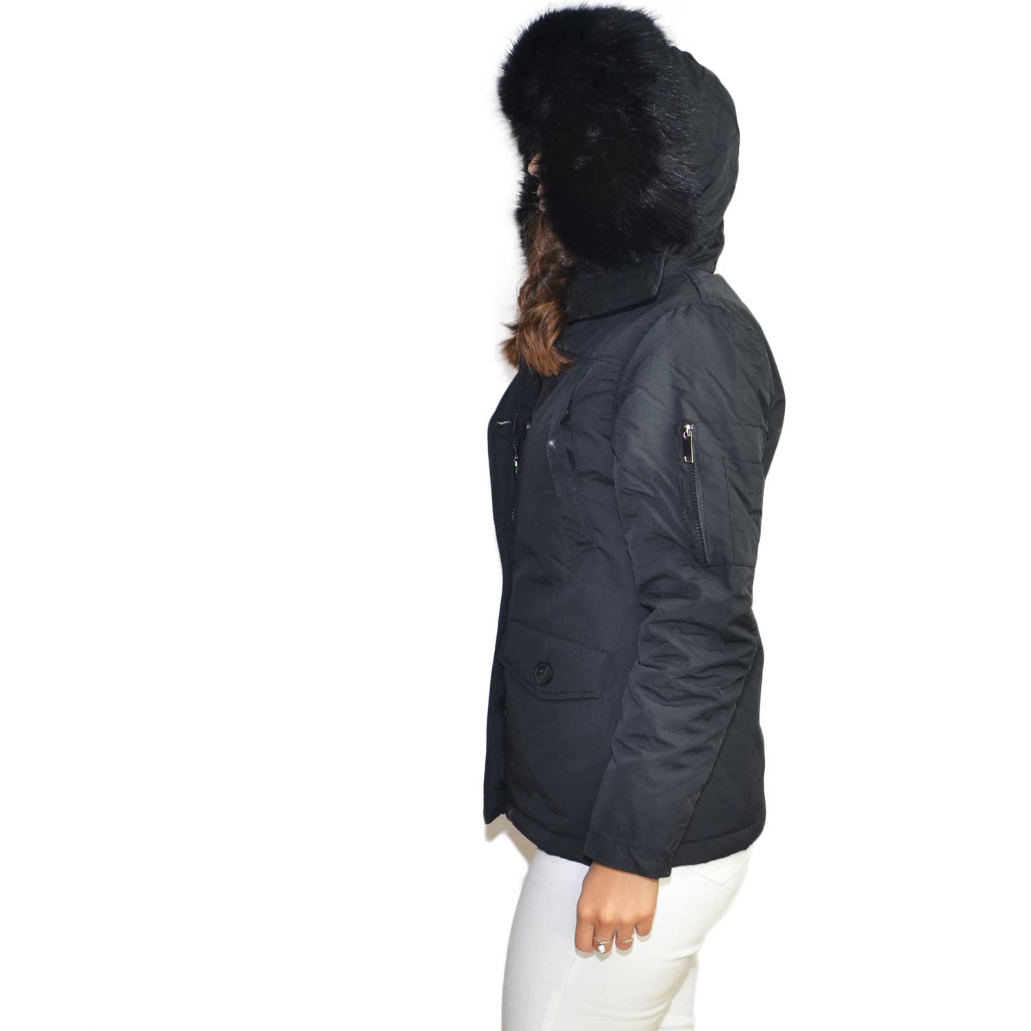 Parka giacca donna invernale piumino nero imbottito bottoni e zip