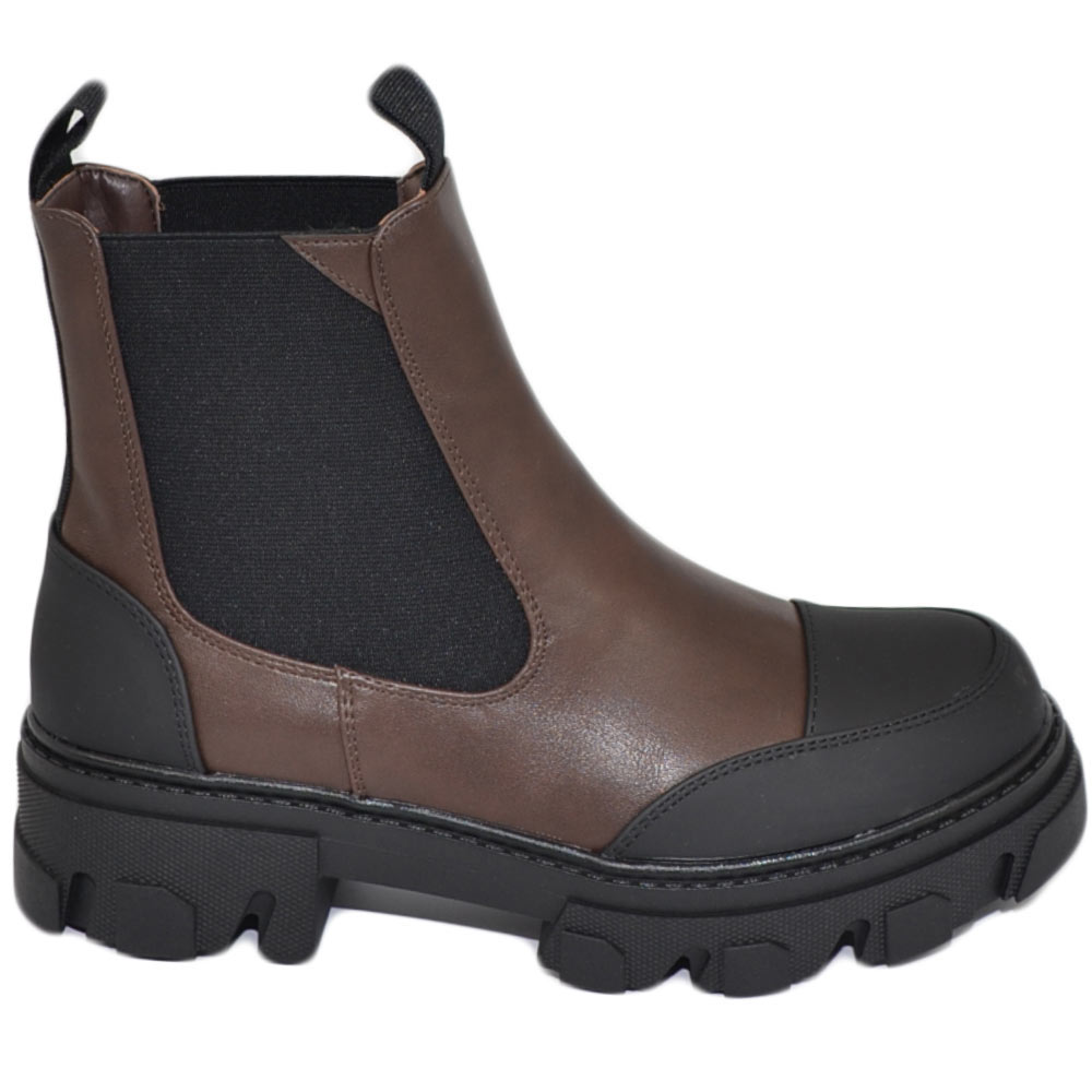 Stivaletti donna platform boots combat bicolore marrone punta nero gommato impermeabile fondo alto zip elastico tendenza.