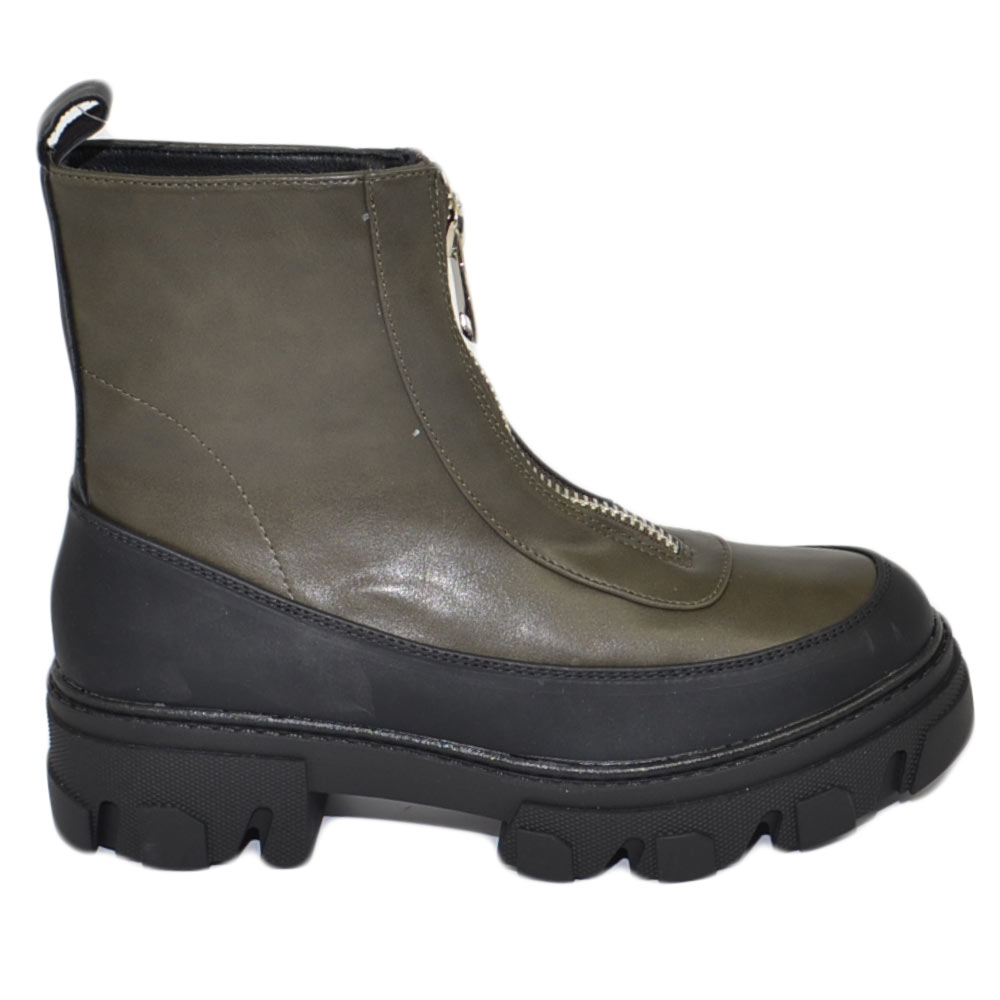 Stivaletti donna platform zip frontale boots combat verde nero impermeabile fondo alto carrarmato moda tendenza.