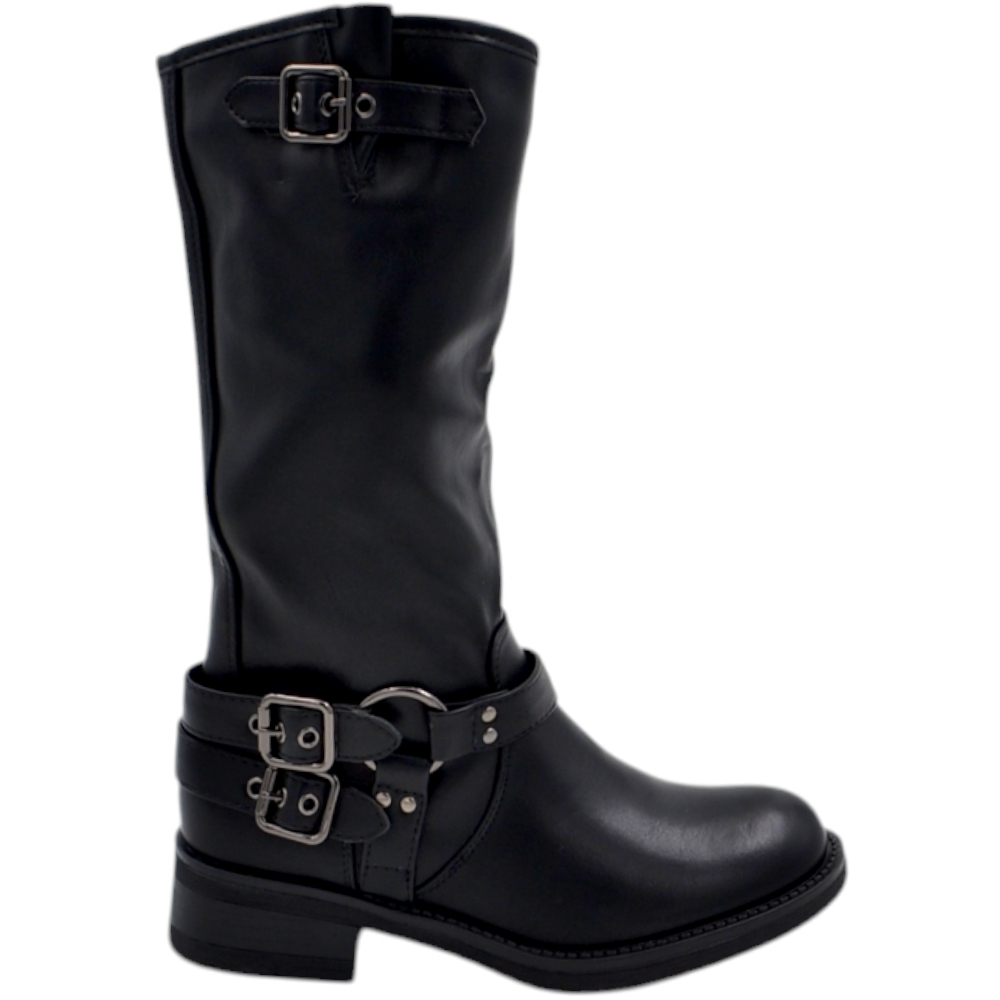 Stivali donna alto meta' polpaccio in pelle nero morbido con fibbie biker con suola antiscivolo tacco 5 cm comodo.