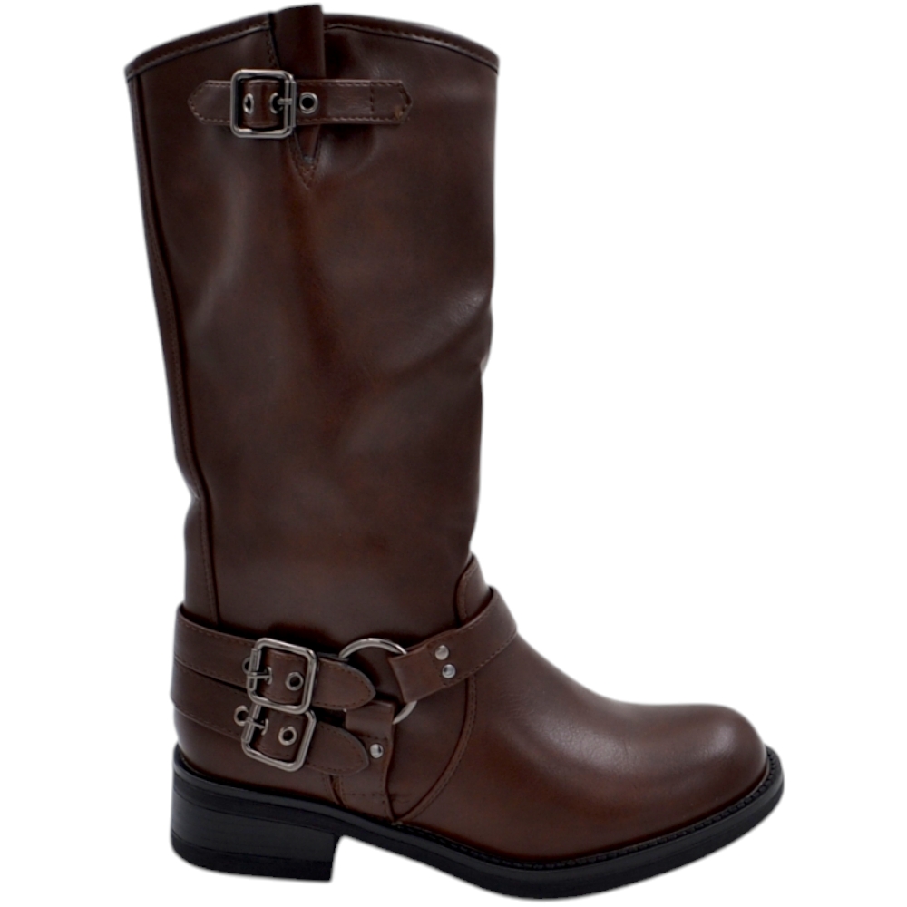 Stivali donna alto meta' polpaccio in pelle marrone morbido con fibbie biker con suola antiscivolo tacco 5 cm comodo.