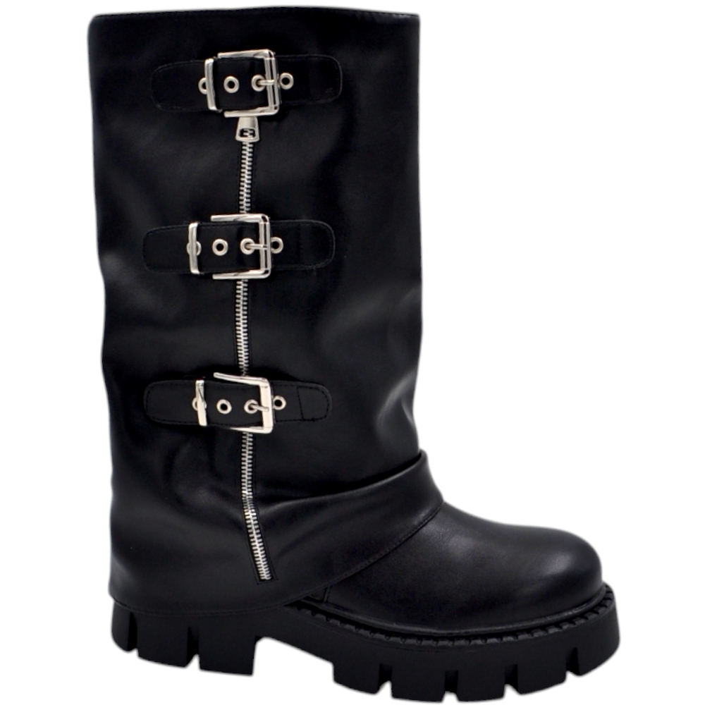 Stivali donna meta' polpaccio shark risvolto pelle nero fibbia fondo combat zigrinato 5 cm con zip argento.