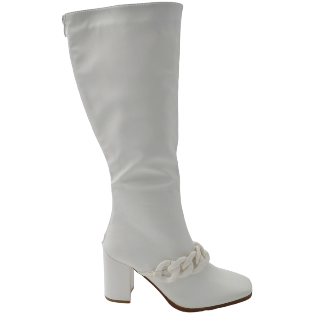 Stivali donna in pelle bianco fondo gomma antiscivolo tacco quadrato 5 cm al ginocchio zip con catena punta quadrata 