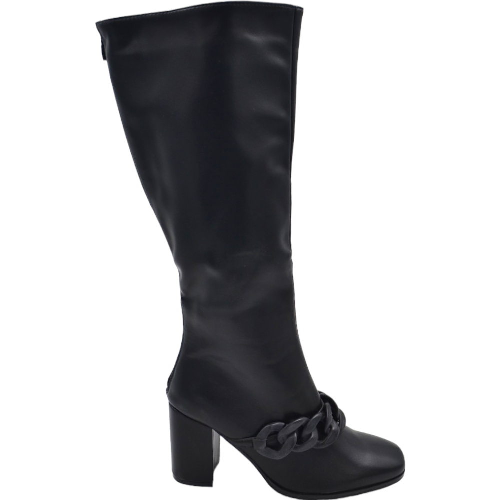 Stivali donna in pelle nera fondo gomma antiscivolo tacco quadrato 5 cm al ginocchio zip con catena punta quadrata 