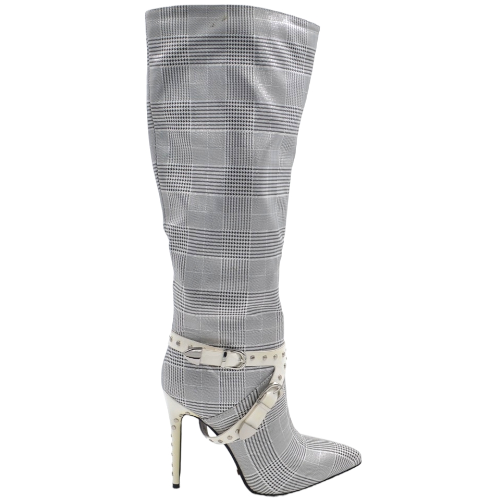 Stivale alto donna grigio tessuto fantasia pied de poule laminato con tacco a spillo 12cm aderente zip e punta moda.
