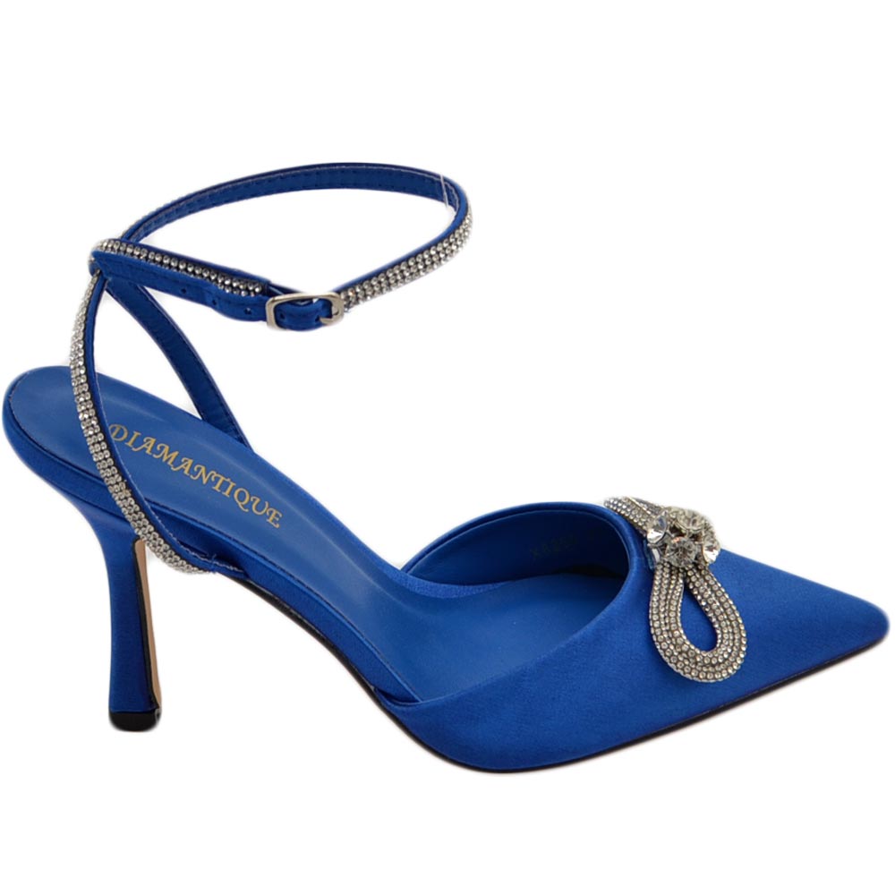 Decollete' donna gioiello elegante fiocco strass in raso blu Royal tacco a spillo 120 e cinturino scintillante moda