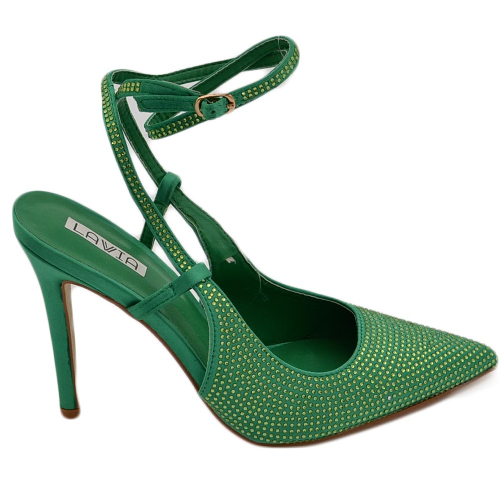 Scarpe decollete donna elegante punta in tessuto verde bosco tacco sottile 12 cerimonia con chiusura caviglia regolabile