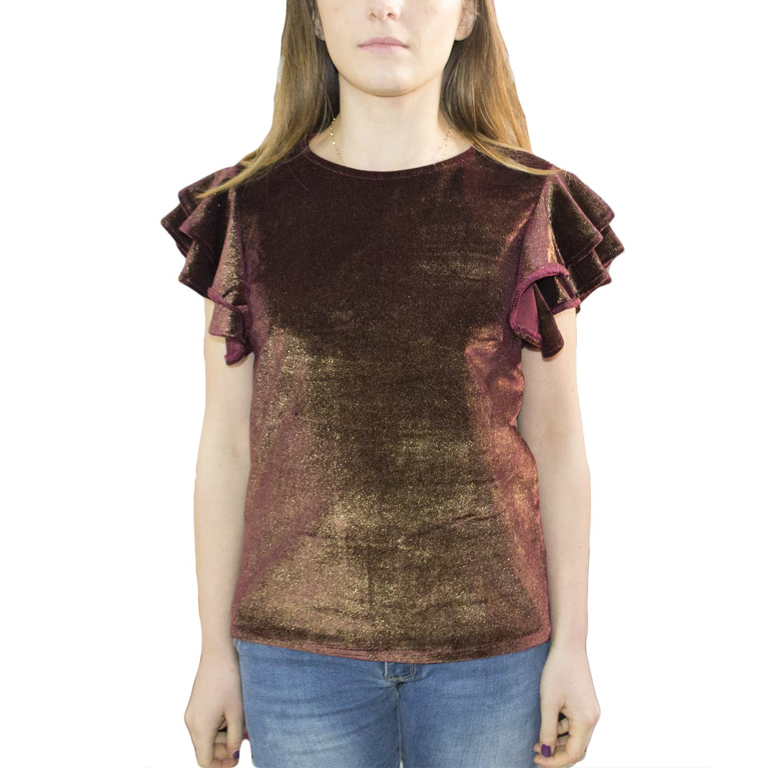 Maglia in velluto bordeaux manica corta a onde riflessi gold elegance pretty