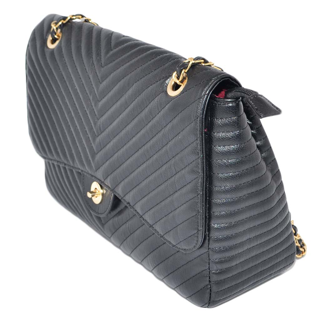 Borsa donna nera rettangolare striata con scopartimenti chiusura gancio e  zip interna catena oro capiente moda glam donna big bags Malu Shoes