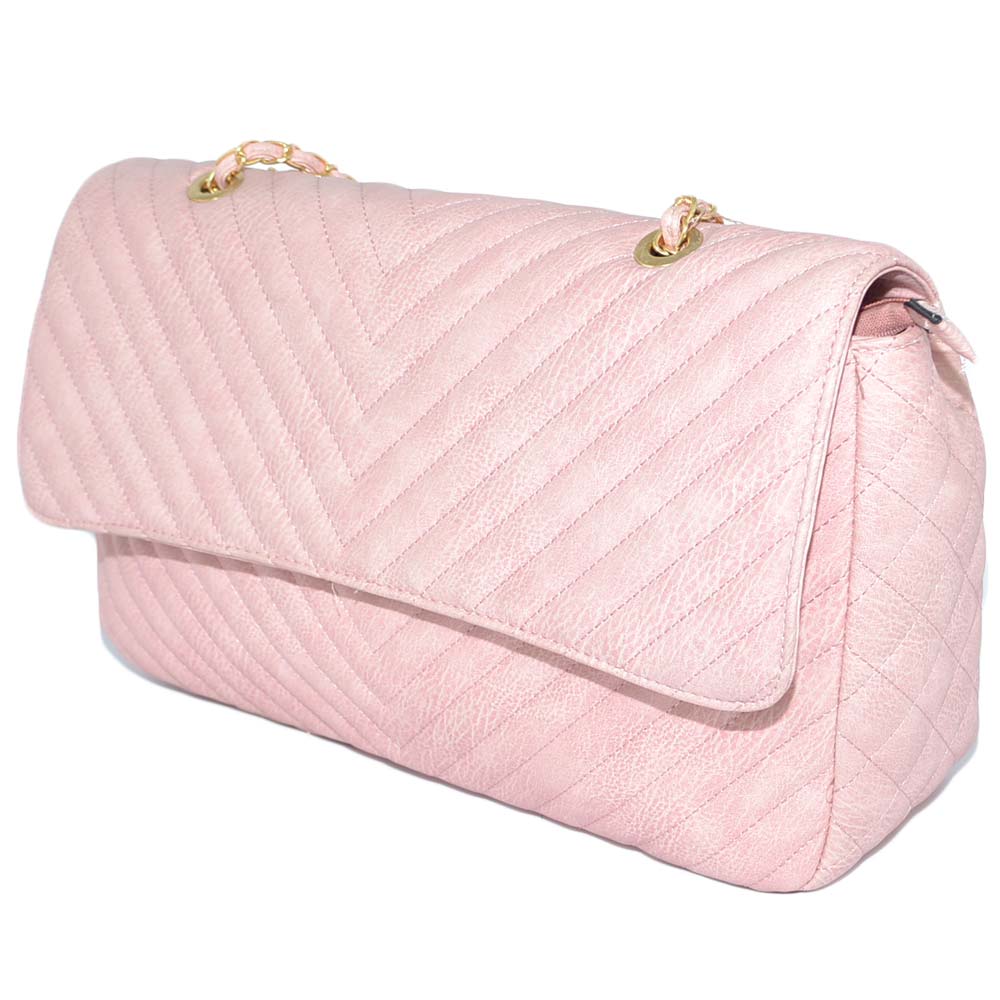 Borsa donna rosa rettangolare striata con scopartimenti chiusura clip e zip  interna catena oro capiente moda glam donna big bags Malu Shoes