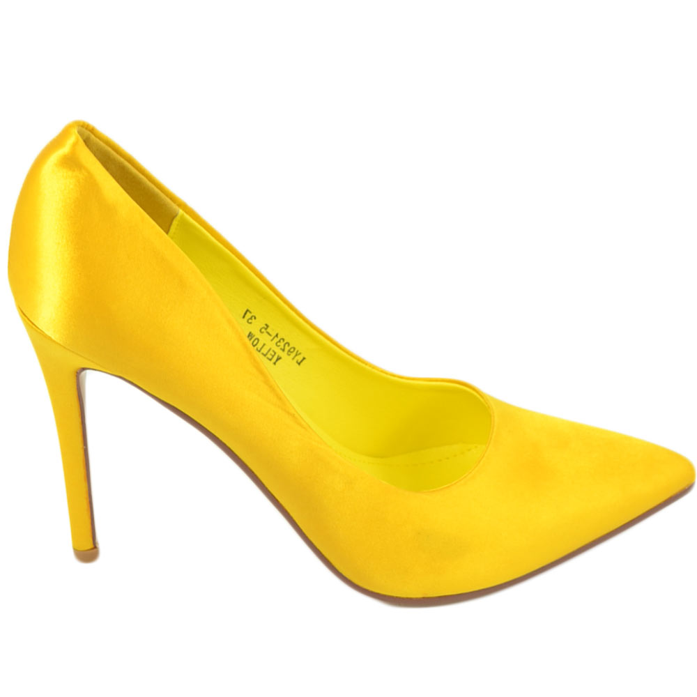 Scarpe donna decollete a punta elegante in raso giallo lucido tacco a spillo 12 cm moda elegante cerimonia evento.