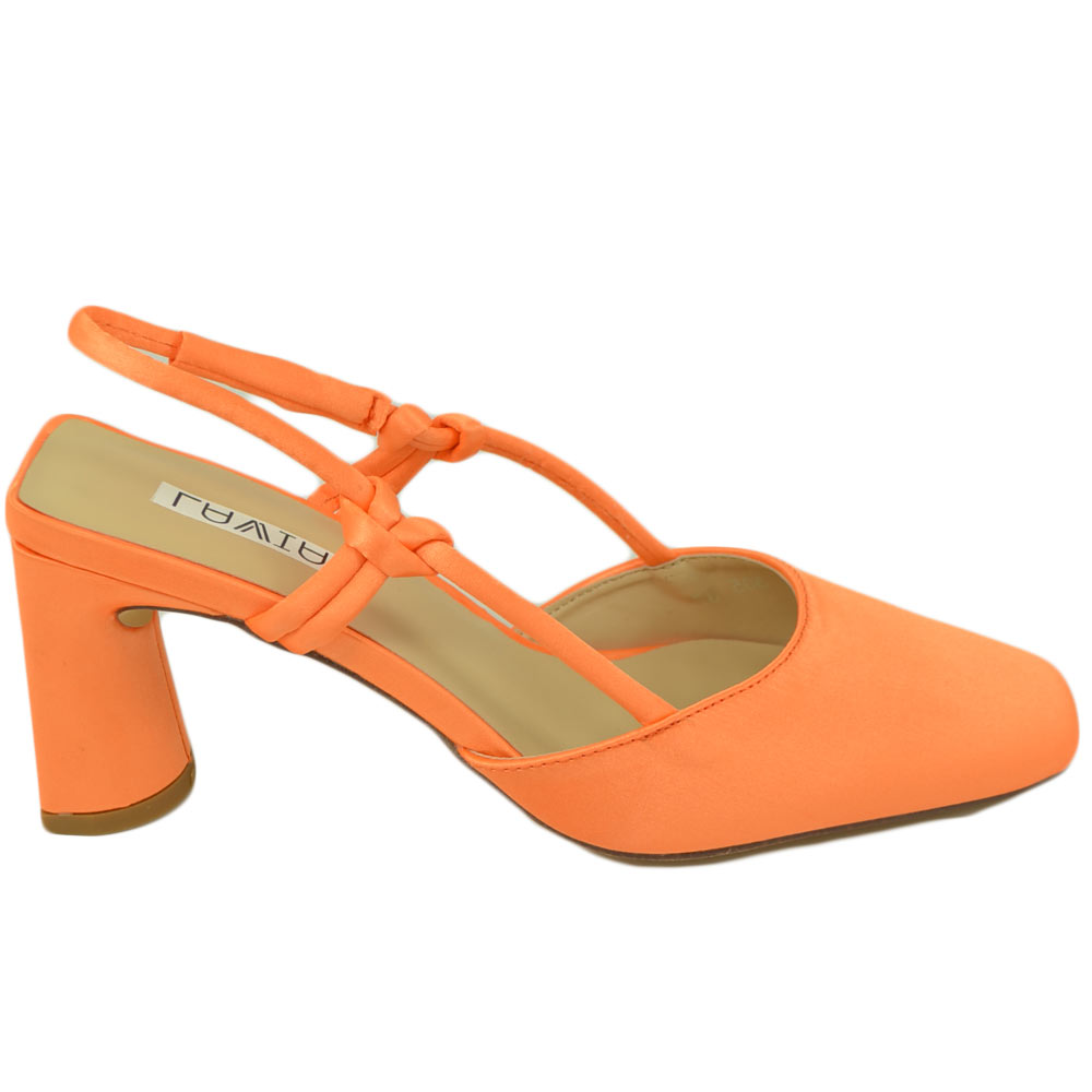 Decollete scarpe donna in raso arancione con tacco largo punta quadrata open toe chiusura alla caviglia moda eventi .