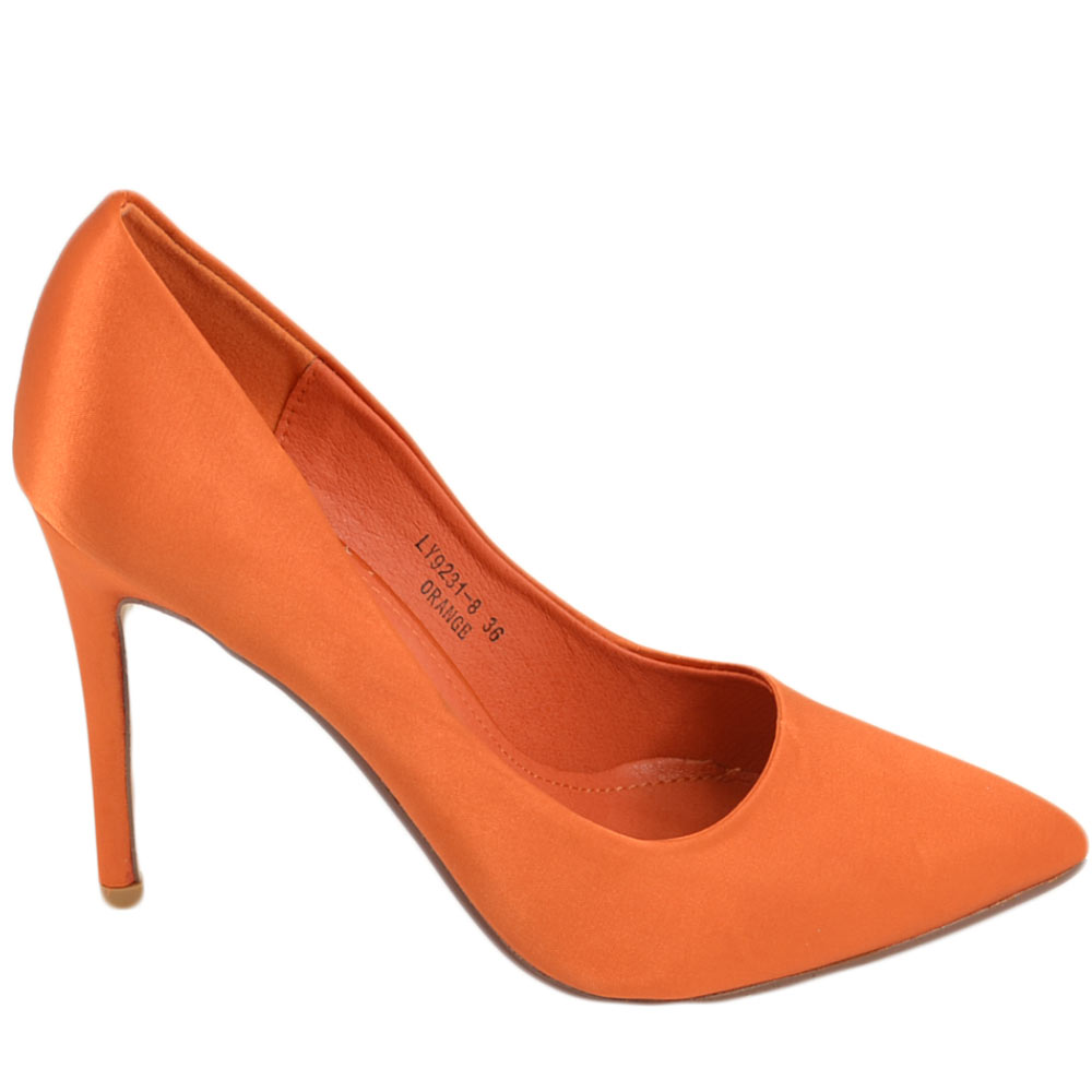 Scarpe donna decollete a punta elegante in raso arancione lucido tacco a spillo 12 cm moda elegante cerimonia evento.