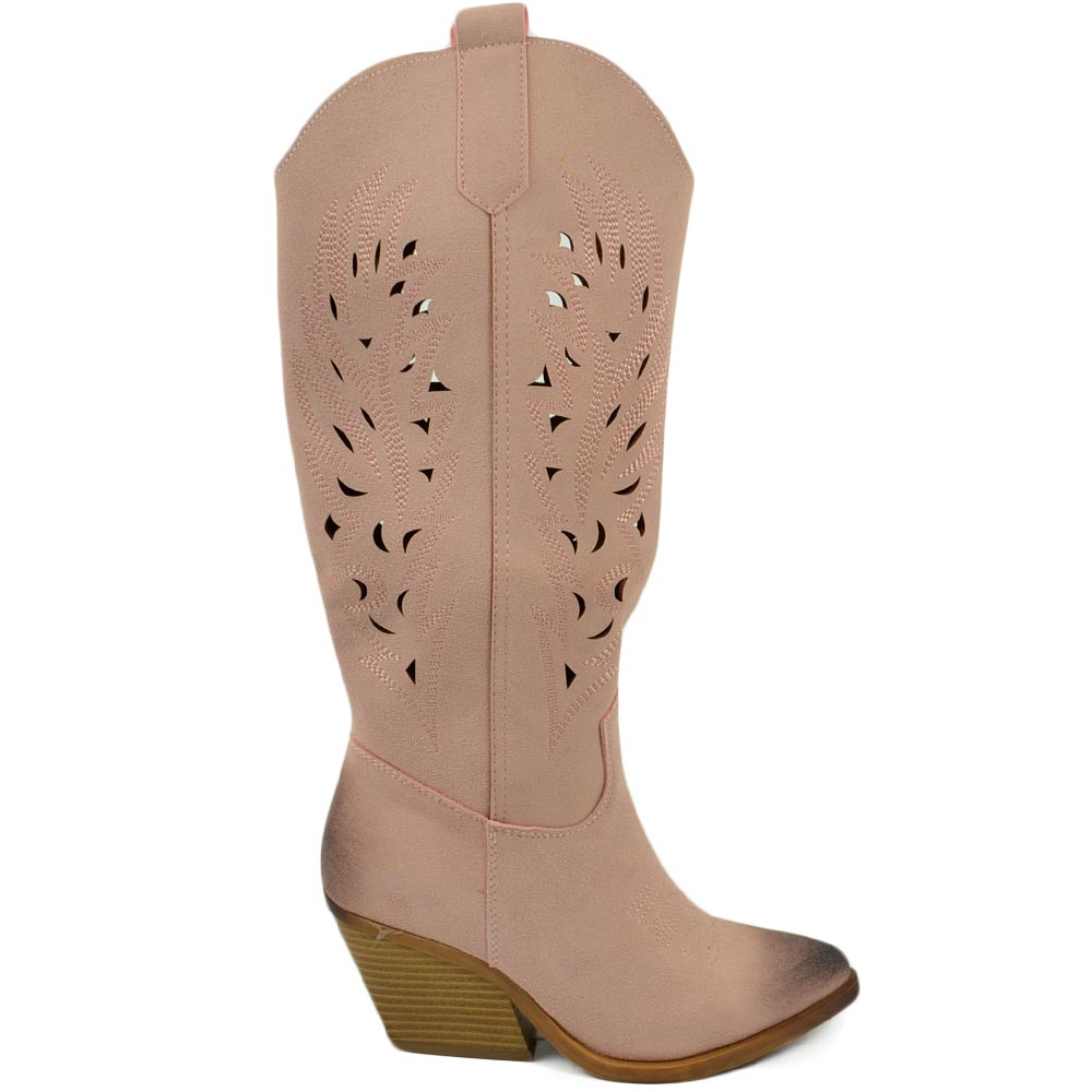 Stivali donna camperos texani rosa cipria scamosciato forato tacco western comodo gomma altezza ginocchio estivo.