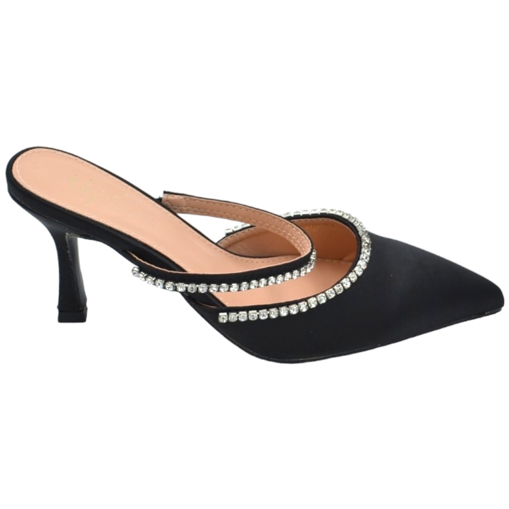 Decollete mules slingback in raso nero con fascia di brillantini sul dorso tacco a spillo comodo 6 cm moda