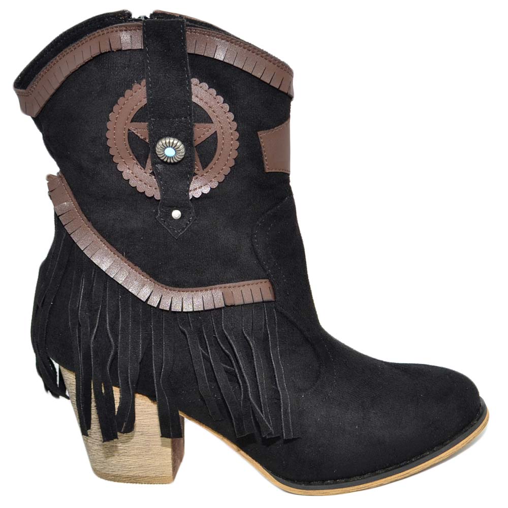 Texano donna estivo camperos nero stivaletti con tacco in legno comodo con frange e stemmi moda cowboy