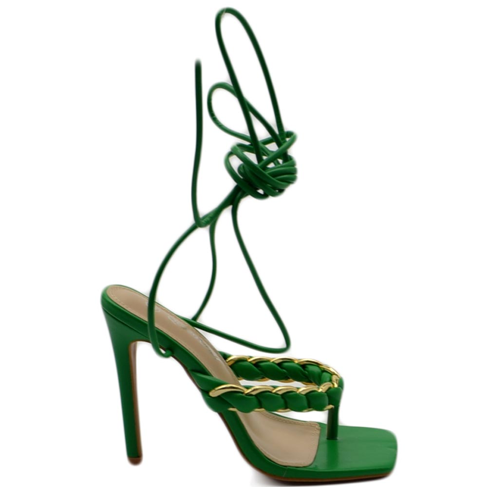Sandali donna tacco alto a spillo verde infradito alla schiava con catena oro in ecopelle e lacci alla caviglia moda.
