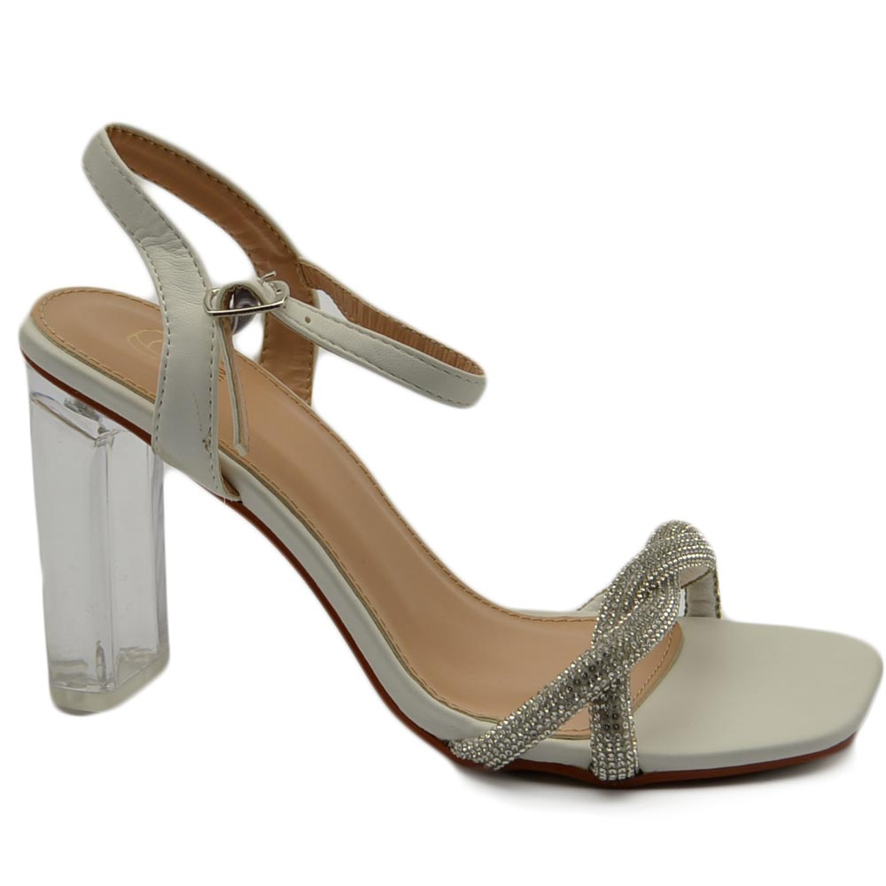 Sandalo donna gioiello bianco con strass tacco trasparente largo 10 cm cerimonia cinturino alla caviglia.