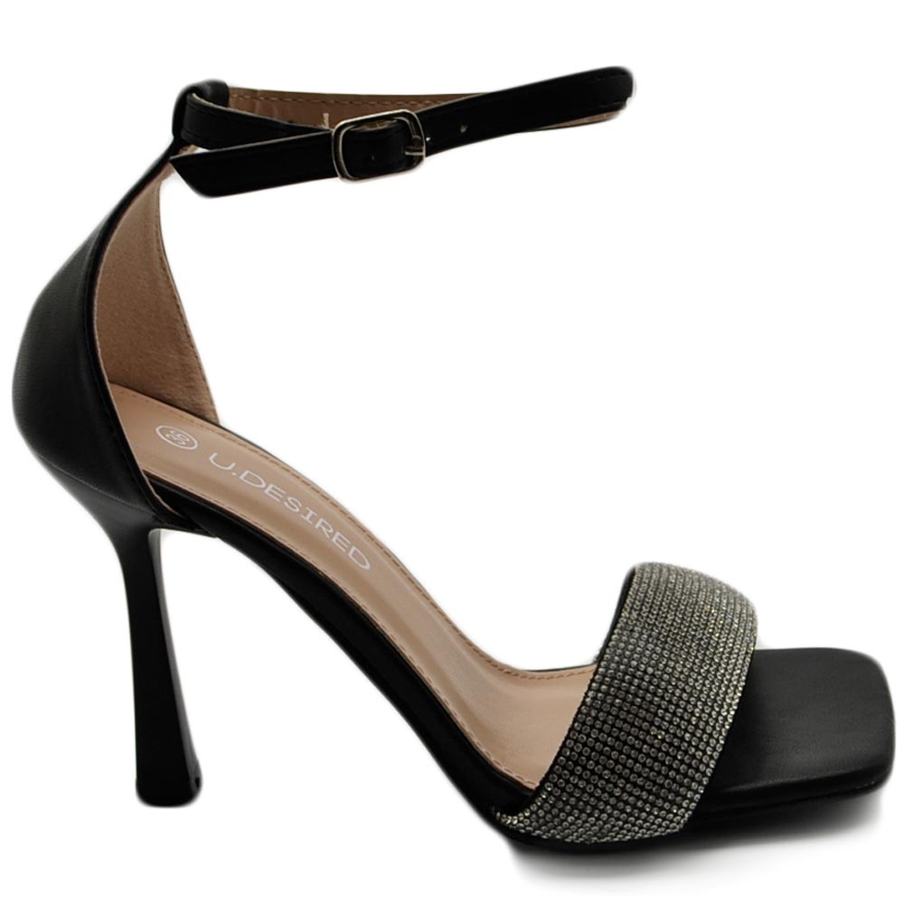 Sandalo gioiello donna con tacco 10 nero fascia di strass luccicanti cerimonia evento cinturino alla caviglia.